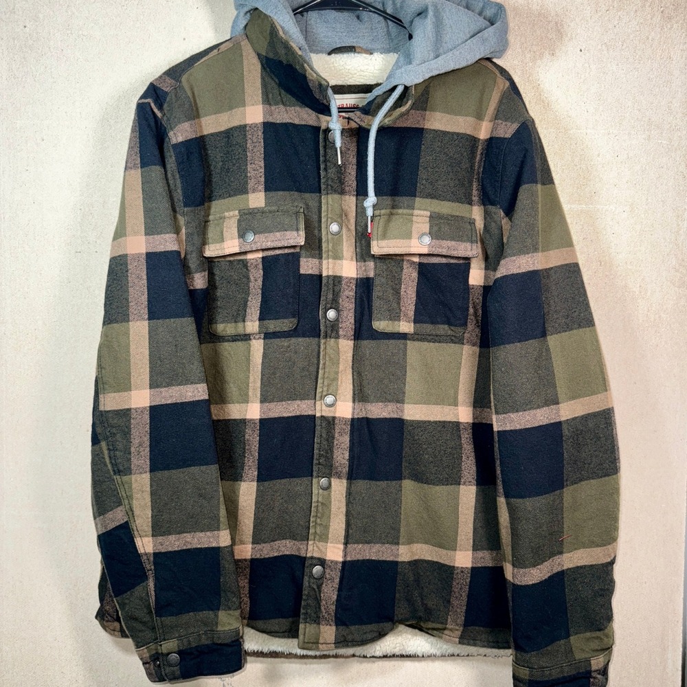 Levi's Men's Sherpa Lined Plaid Flannel Hooded Shirt Jacket Green Black Tan